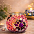 DIY Mosaik-Kerzenhalter Set Rosa und Lila mit leuchtendem Teelicht
