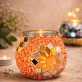 DIY Mosaik-Kerzenhalter Set Orange mit leuchtendem Teelicht