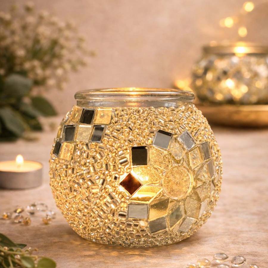 DIY Mosaik-Kerzenhalter Set Weiß mit leuchtendem Teelicht