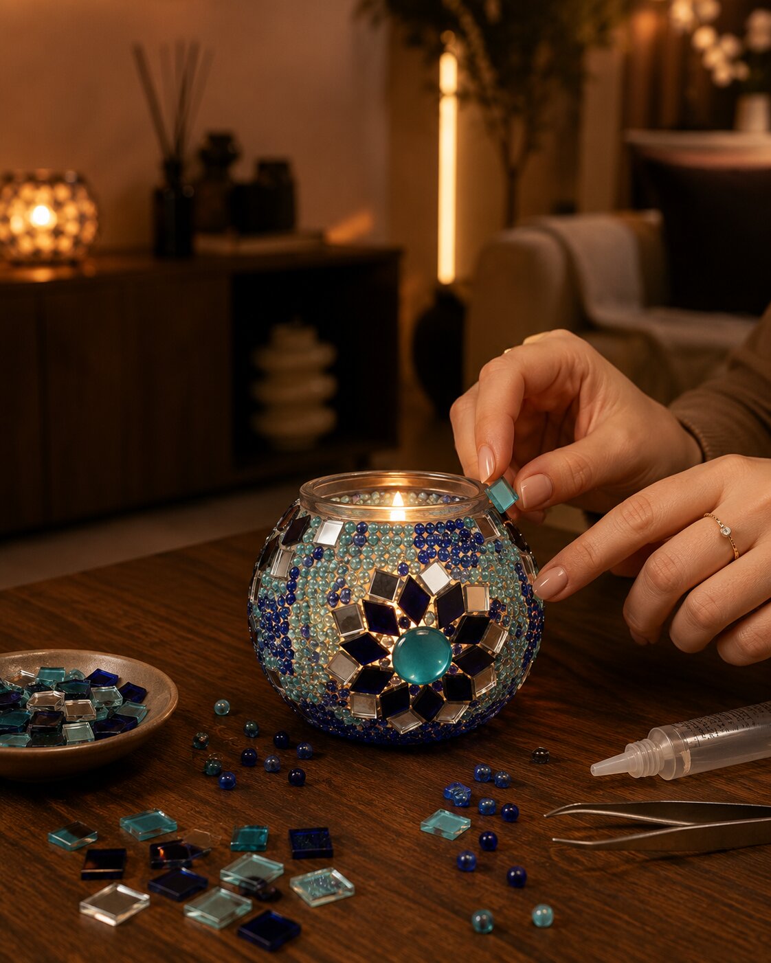DIY Mosaik-Kerzenhalter Set – Blau | Bastelset mit Glasmosaik & Teelicht