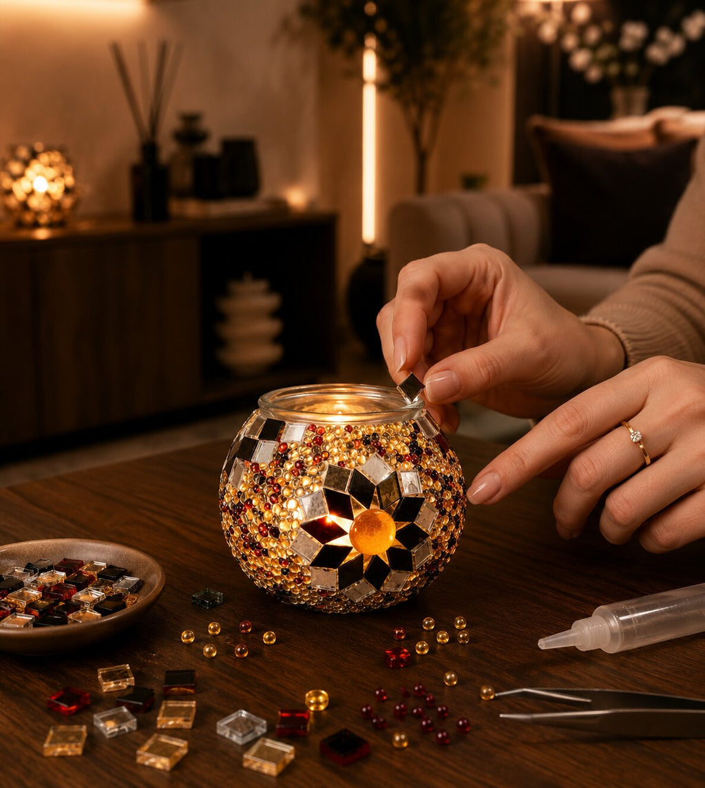 DIY Mosaik-Kerzenhalter Set Braun beim Basteln mit Glassteinen