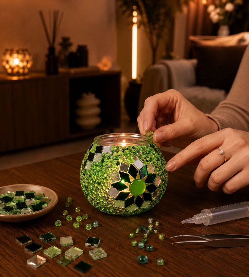 DIY Mosaik-Kerzenhalter Set Grün beim Bekleben mit Glassteinen