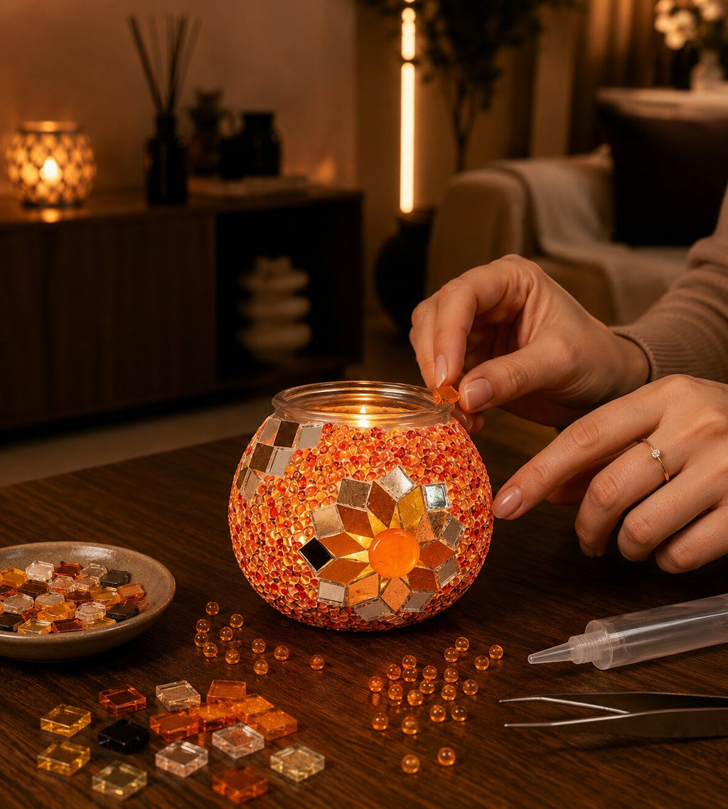 DIY Mosaik-Kerzenhalter Set Orange beim Bekleben mit Glassteinen