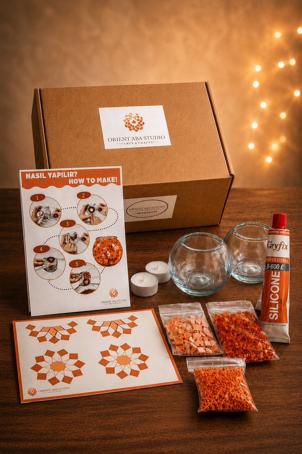 Lieferumfang des DIY Mosaik-Kerzenhalter Sets Orange mit Glassteinen und Anleitung