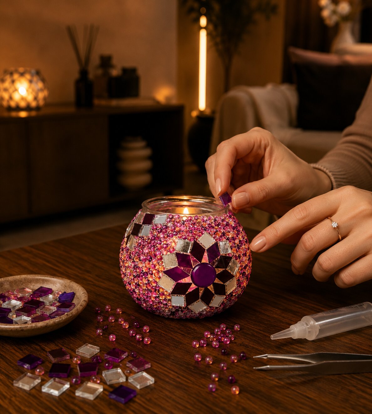 DIY Mosaik-Kerzenhalter Set Rosa und Lila beim Bekleben mit Glassteinen