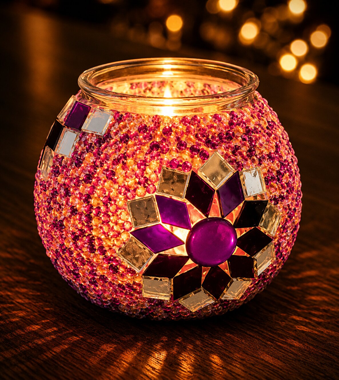 Leuchtender rosa-lilafarbener Mosaik-Kerzenhalter mit Spiegelmosaik