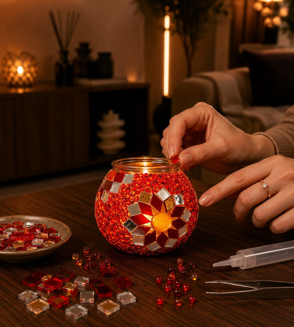 DIY Mosaik-Kerzenhalter Set Rot beim Bekleben mit Glassteinen