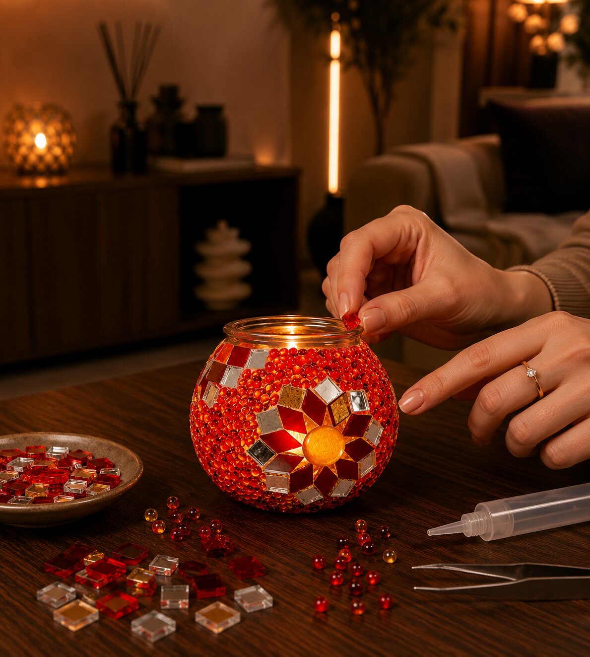 DIY Mosaik-Kerzenhalter Set Rot beim Bekleben mit Glassteinen