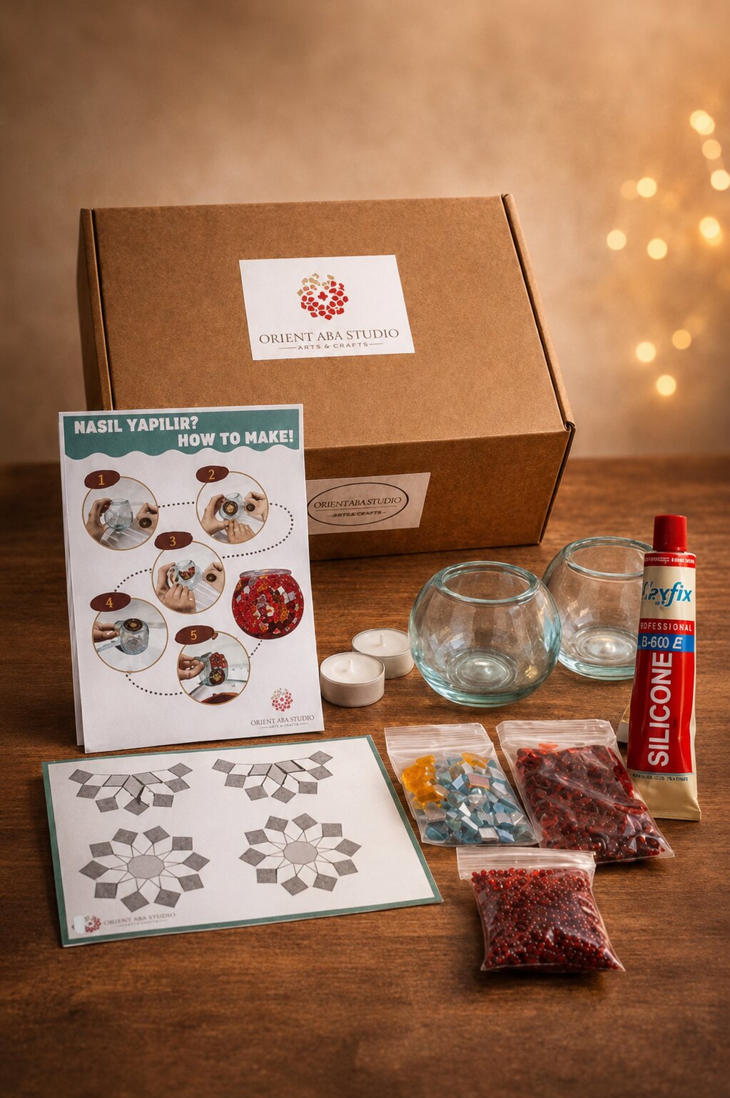 Lieferumfang des DIY Mosaik-Kerzenhalter Sets Rot mit Glassteinen und Anleitung