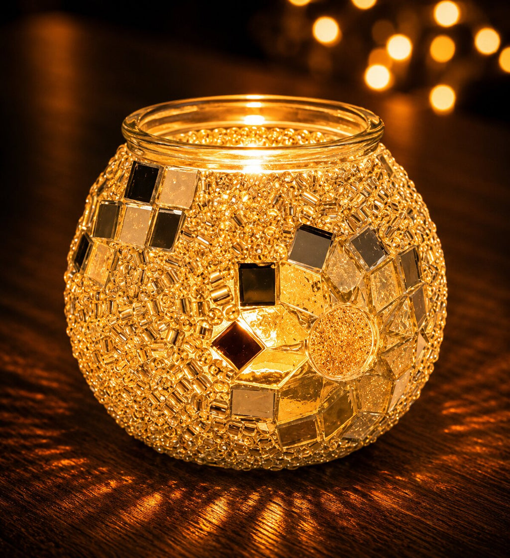 Leuchtender weißer Mosaik-Kerzenhalter mit Spiegelmosaik und warmem Kerzenlicht